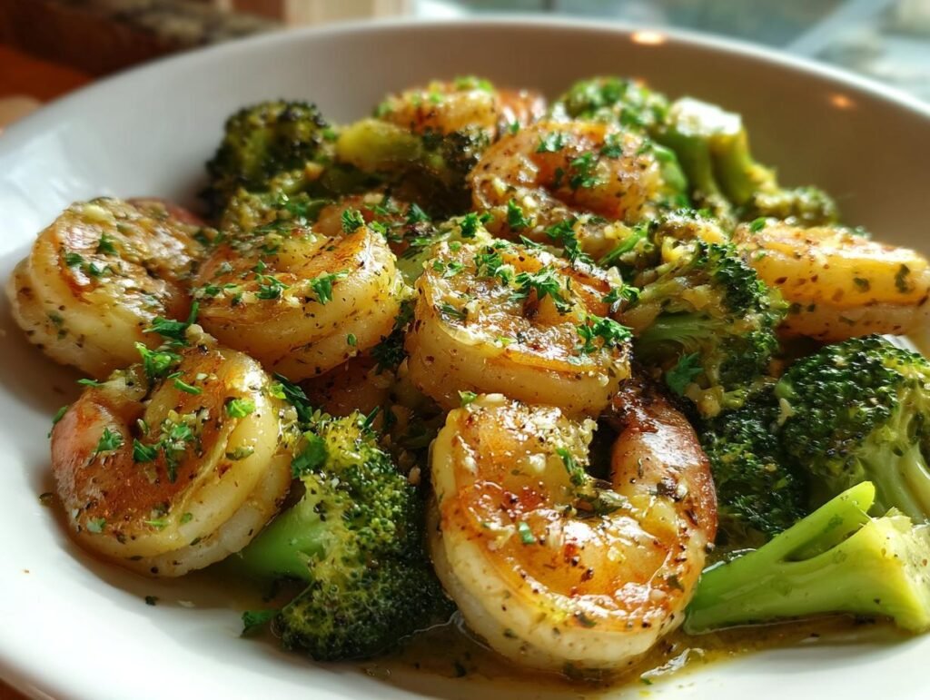 Close-up of Garlic Butter Shrimp & Broccoli skillet meal, garnished with fresh herbs.
