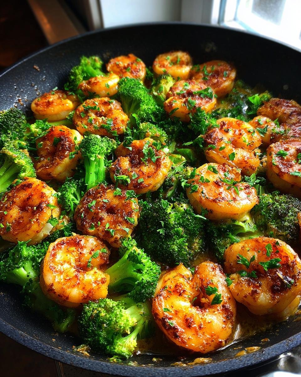 Close-up of Garlic Butter Shrimp & Broccoli skillet dish, garnished with parsley.