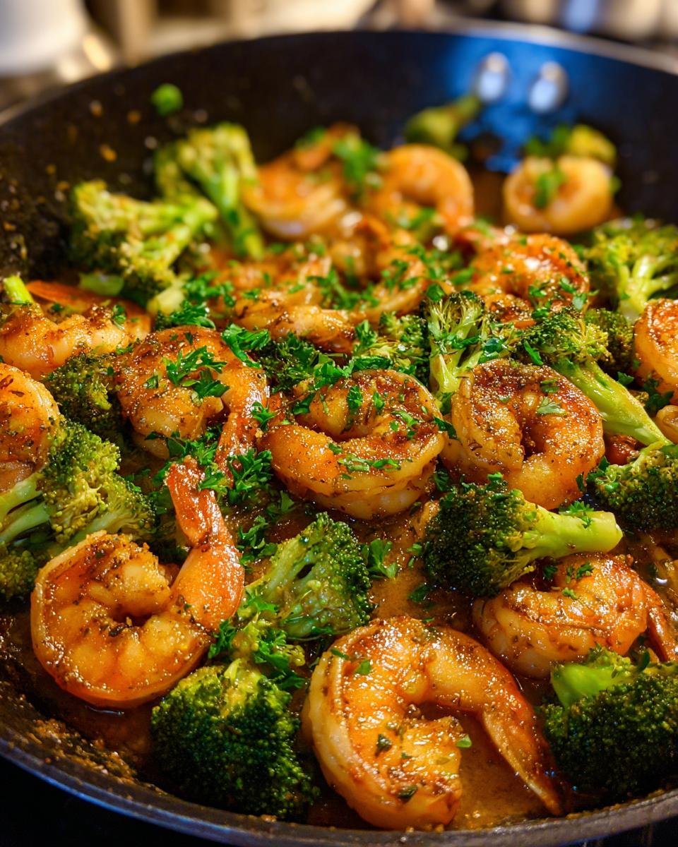 Close-up of Garlic Butter Shrimp & Broccoli in a skillet, garnished with fresh parsley.