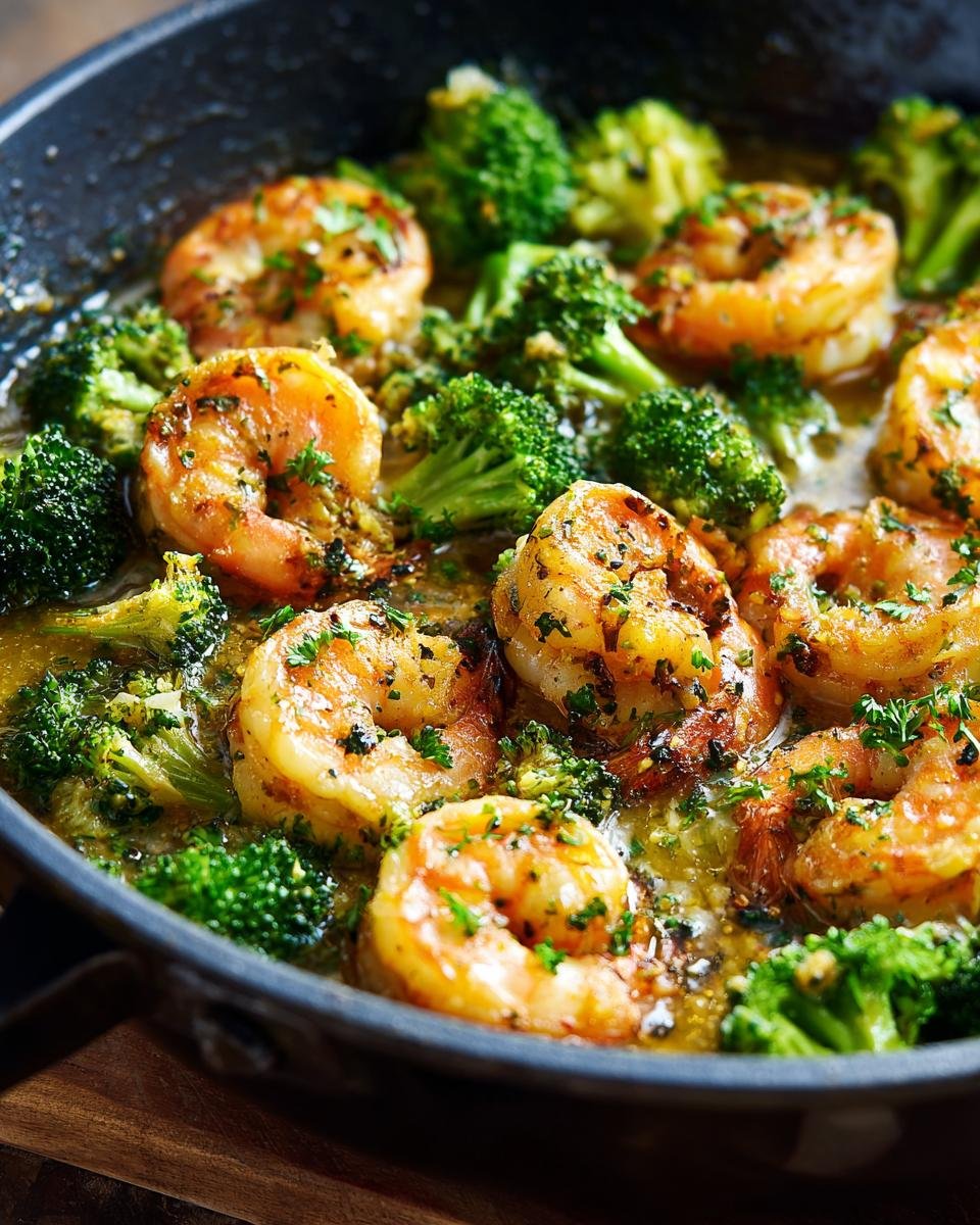 Close-up of Garlic Butter Shrimp & Broccoli skillet dish, featuring shrimp, broccoli, and a garlic butter sauce.
