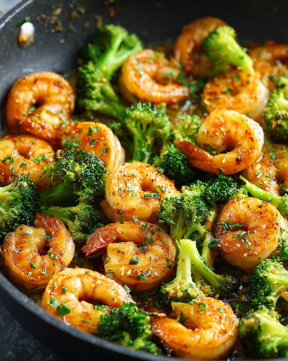 Close up of Garlic Butter Shrimp & Broccoli in a skillet, garnished with herbs.