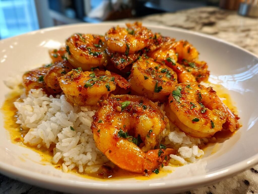 A plate of Garlic Chili Shrimp With Jasmine Rice, garnished with fresh herbs, ready to eat.