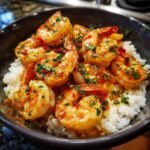 Bowl of Garlic Chili Shrimp with Jasmine Rice, garnished with fresh herbs and chili flakes.