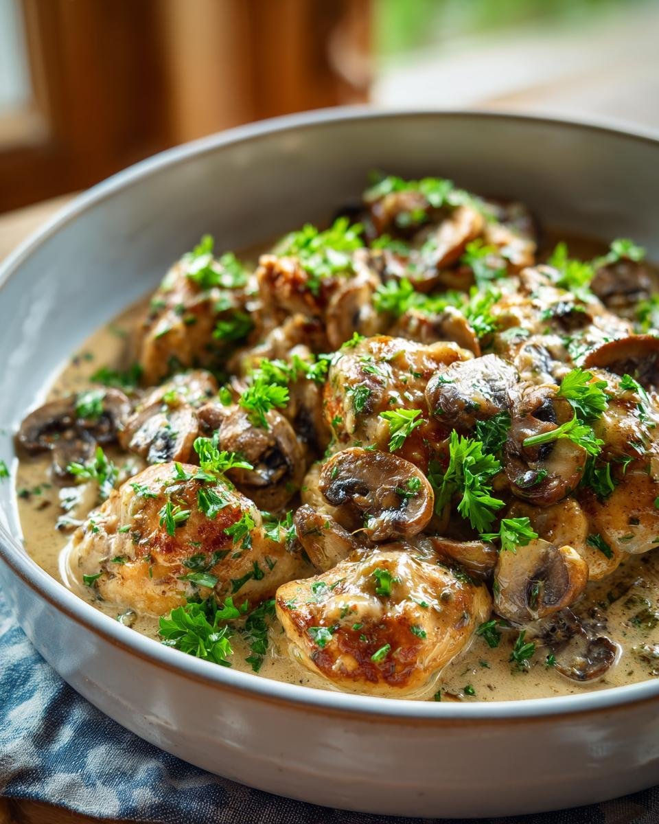 Close-up of Garlic Mushroom Chicken in a bowl, garnished with parsley.