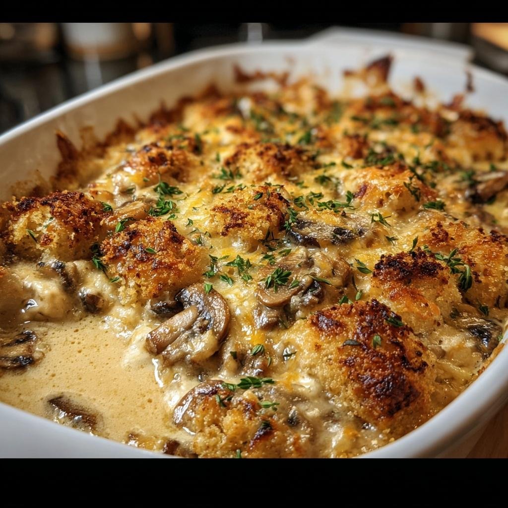 Close-up of a creamy Garlic Mushroom Chicken Casserole with golden-brown topping and fresh herbs.