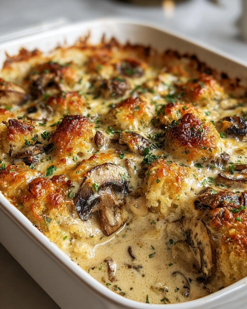 Close-up of a creamy Garlic Mushroom Chicken Casserole in a white baking dish, garnished with parsley.