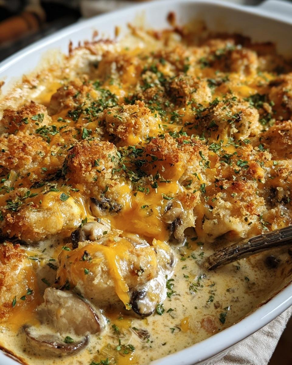 Close up of Garlic Mushroom Chicken Casserole in a white baking dish, topped with cheese and herbs.