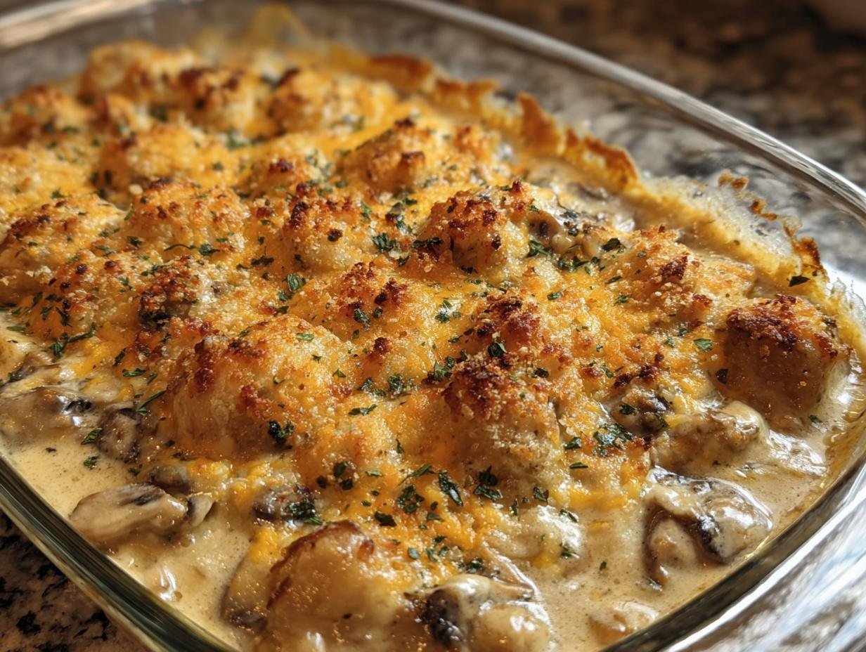 Delicious Garlic Mushroom Chicken Casserole in a glass baking dish, topped with golden crust and parsley.