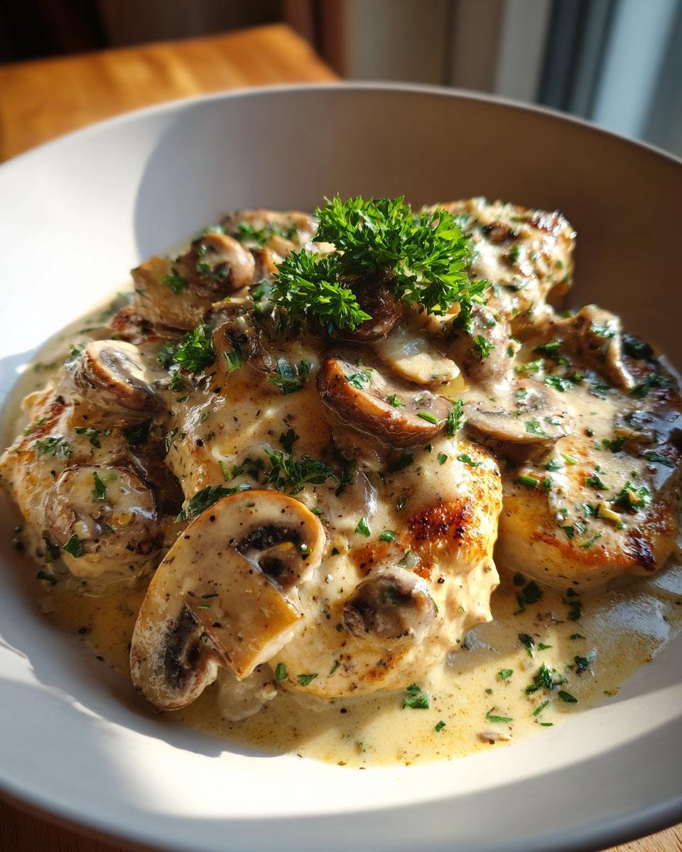 Close-up of Garlic Mushroom Chicken in a creamy sauce, garnished with parsley.