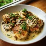 A plate of Garlic Mushroom Chicken, featuring chicken thighs in a creamy sauce with mushrooms and parsley garnish.