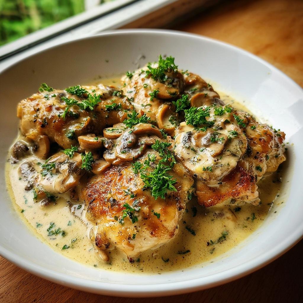A plate of Garlic Mushroom Chicken, featuring chicken thighs in a creamy sauce with mushrooms and parsley garnish.