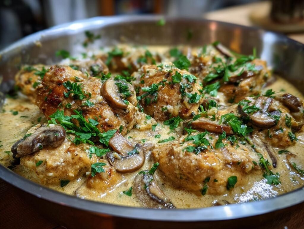 Pan of Garlic Mushroom Chicken, featuring chicken breasts, sliced mushrooms, creamy sauce, and fresh parsley garnish.