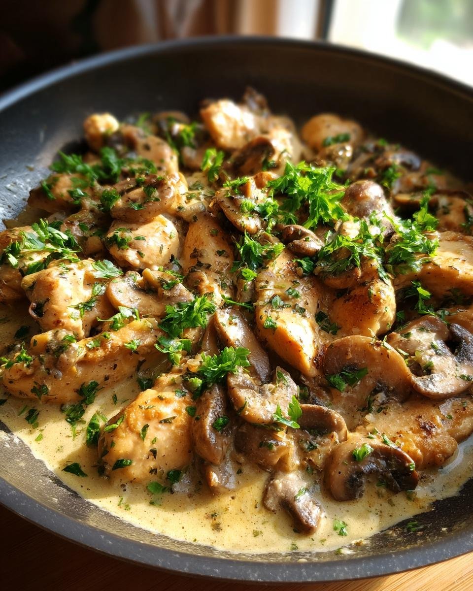 Close-up of Garlic Mushroom Chicken in a pan, garnished with fresh parsley.