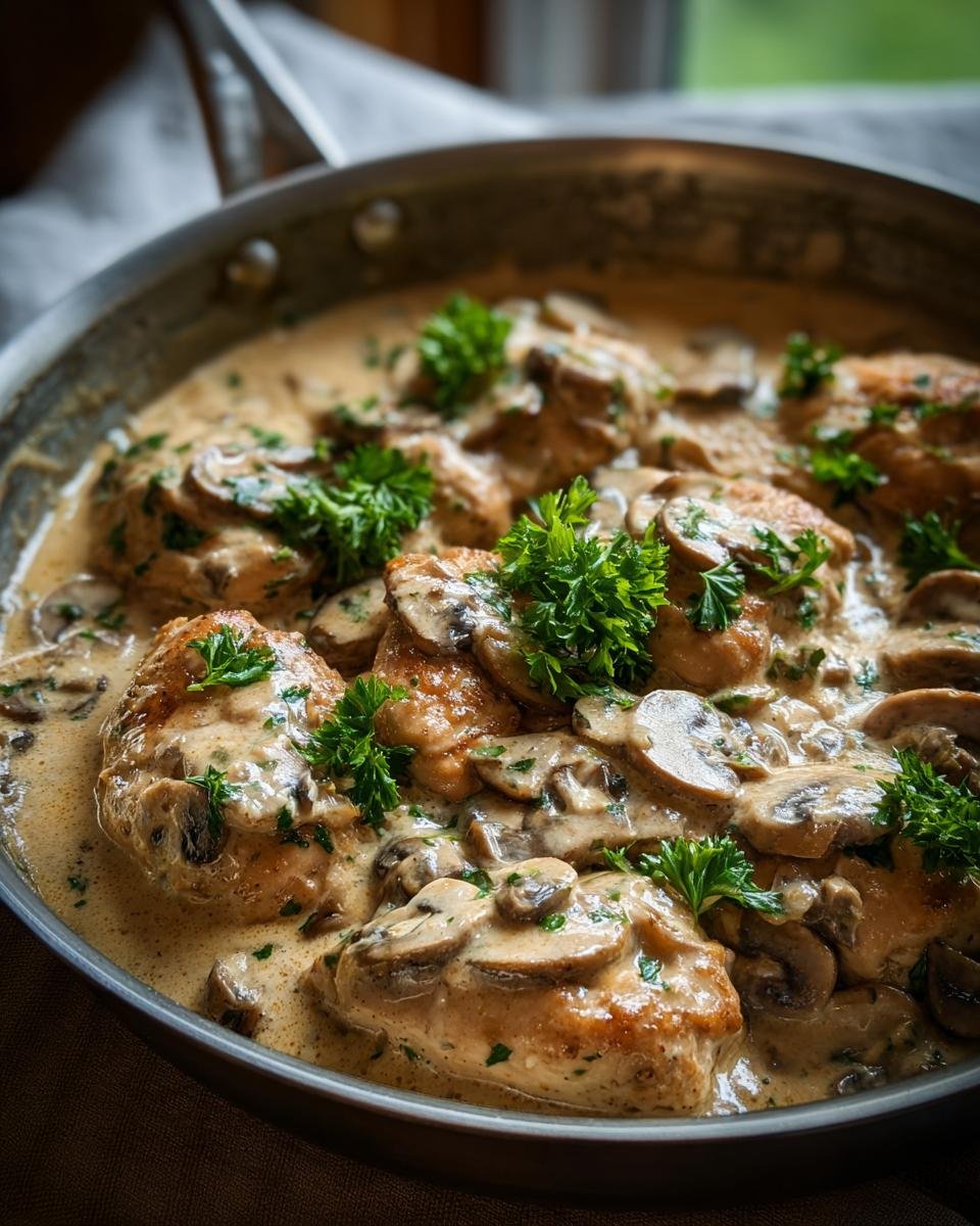 Garlic Mushroom Chicken in a creamy sauce, cooked in a skillet and garnished with fresh parsley.