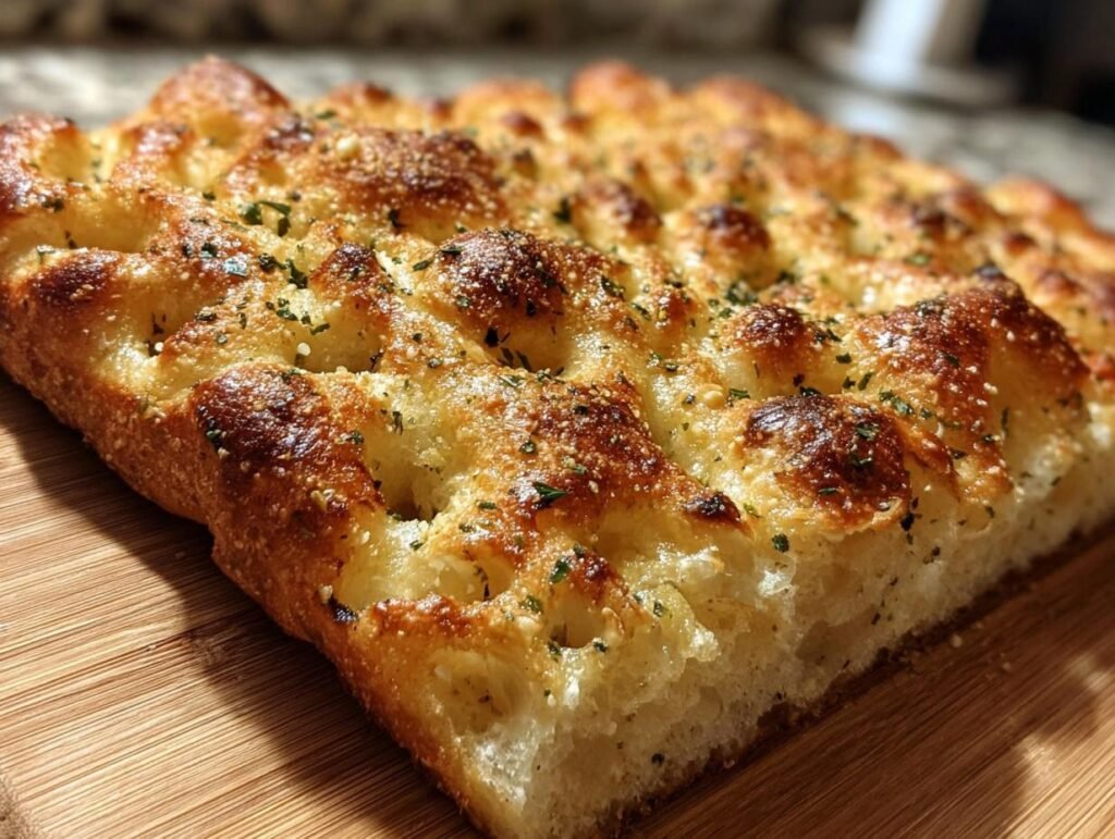 Close-up of golden Garlic Parmesan Focaccia bread, showcasing the texture and toppings on a wooden board.