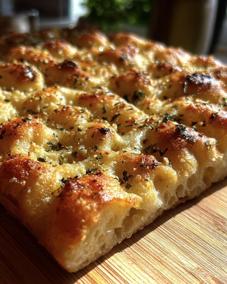 Detailed close-up of Garlic Parmesan Focaccia, showing the texture and herbs on top.