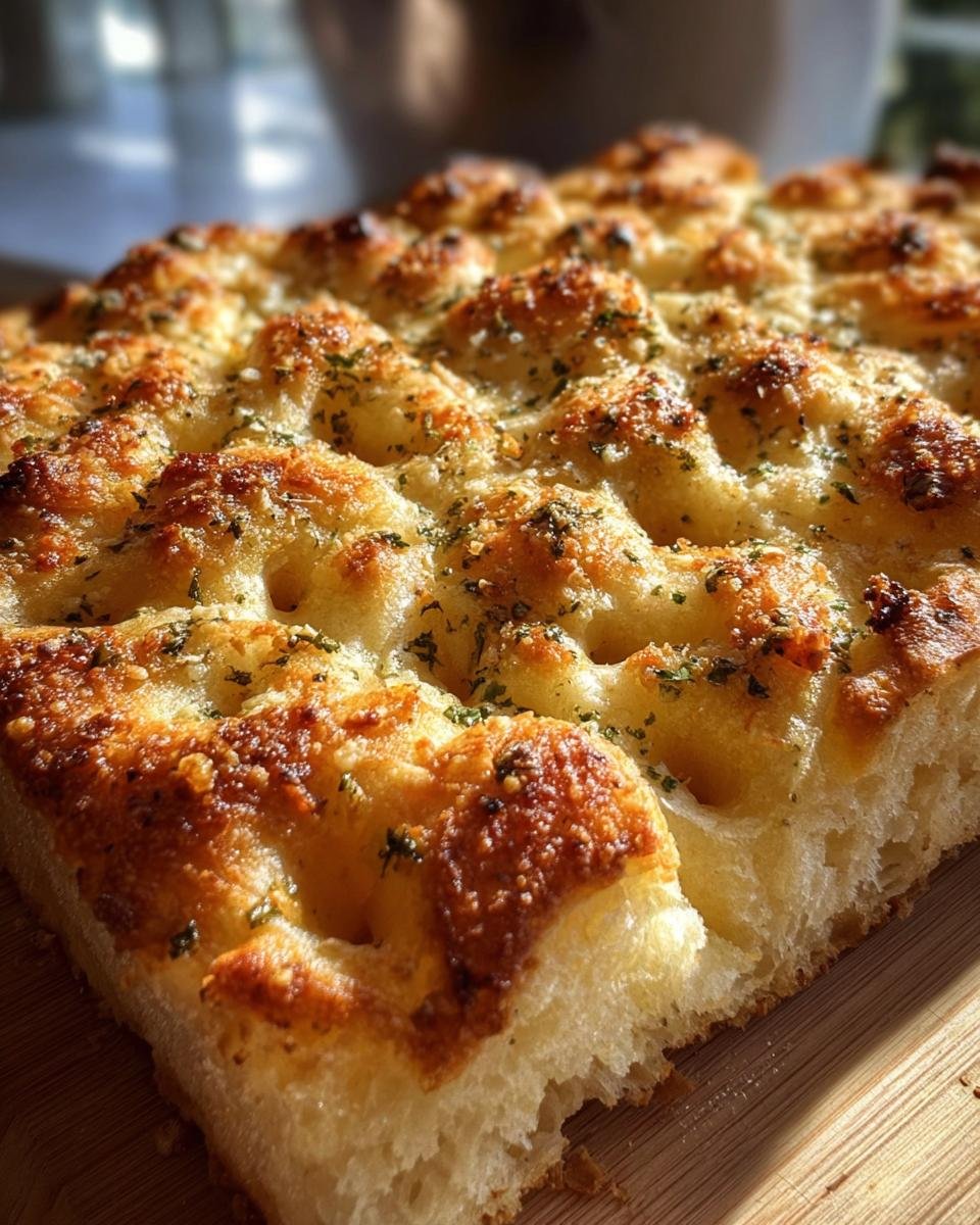 Close-up of Garlic Parmesan Focaccia, showcasing its golden crust, dimpled surface, and herb garnish.