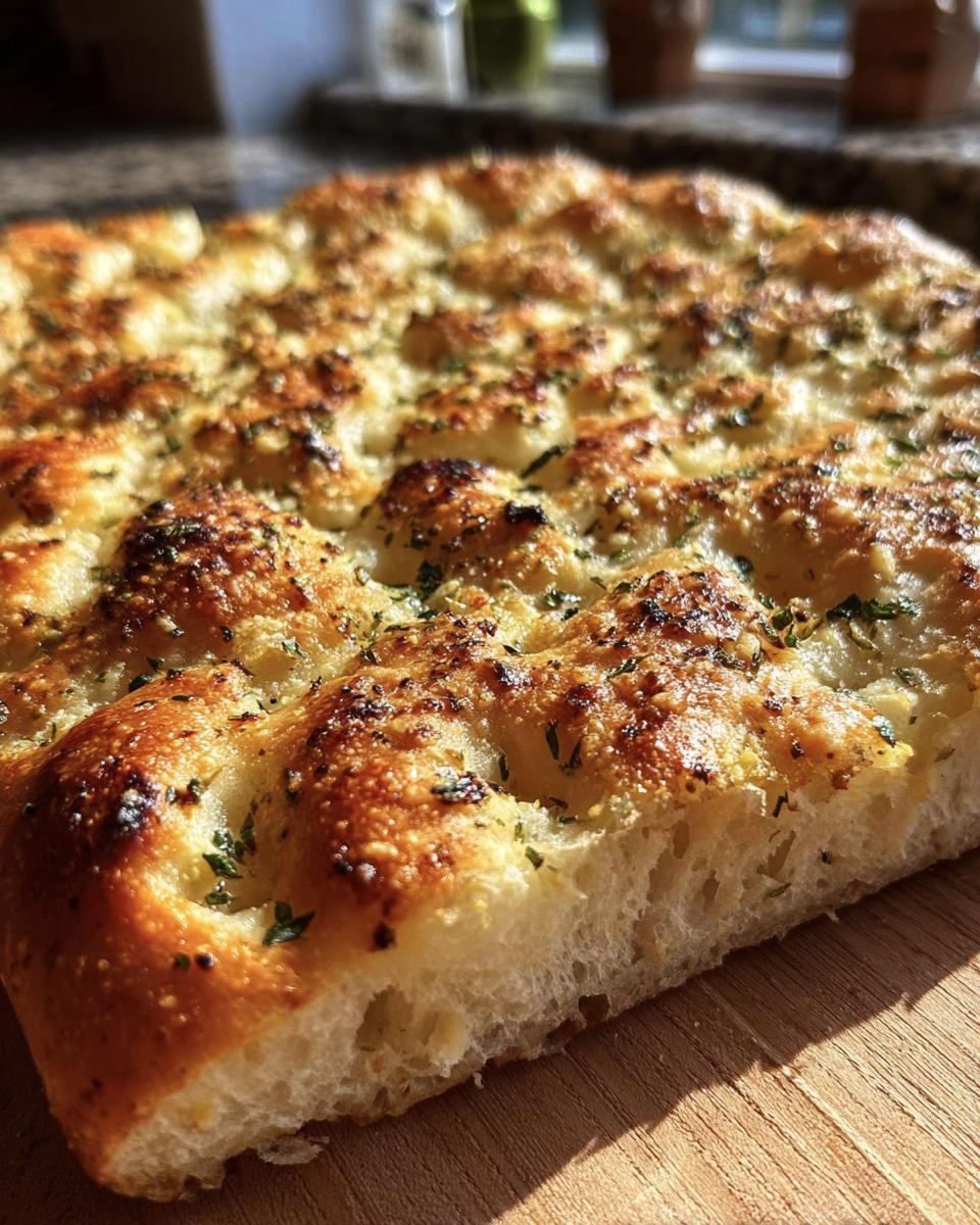 Close-up of Garlic Parmesan Focaccia showing the texture and golden crust.