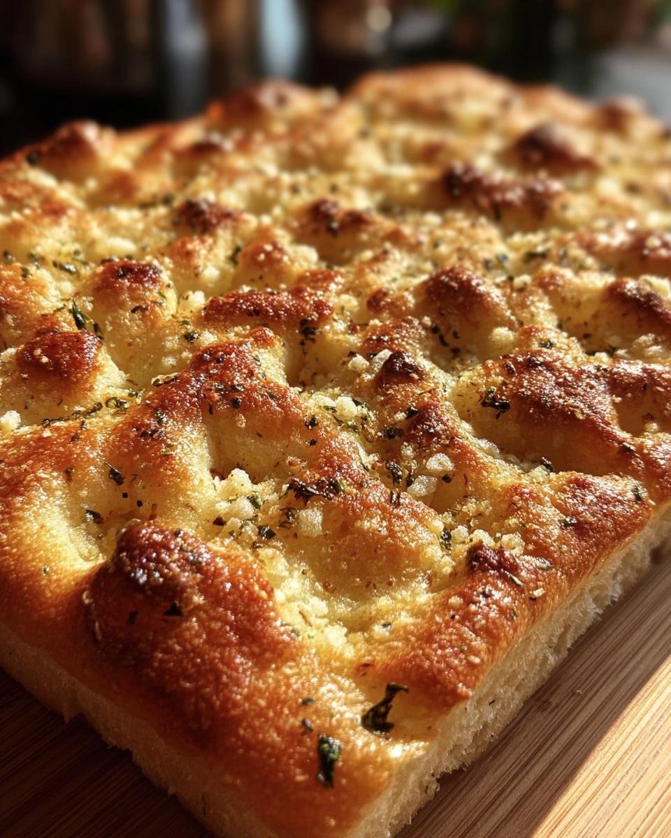 Close-up of golden brown Garlic Parmesan Focaccia with herbs and a textured surface.