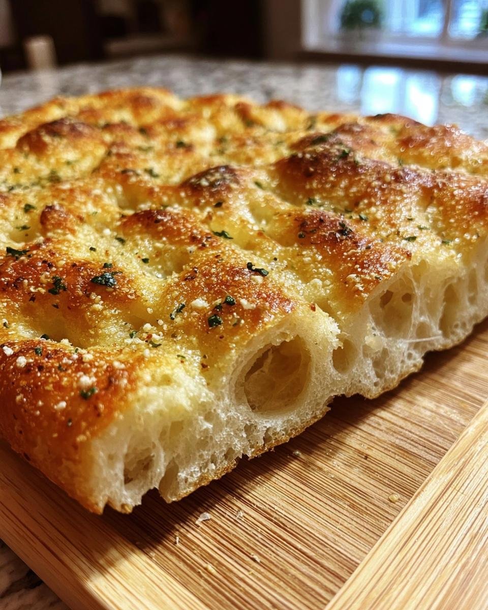 Detailed close-up of Garlic Parmesan Focaccia showing the texture and golden crust.