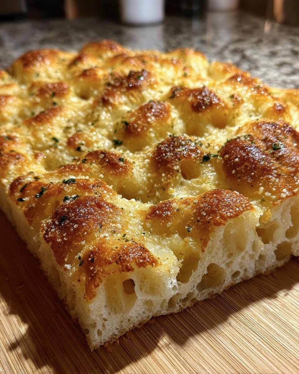 Detailed close-up of Garlic Parmesan Focaccia showing the texture, golden crust, and garlic parmesan topping.