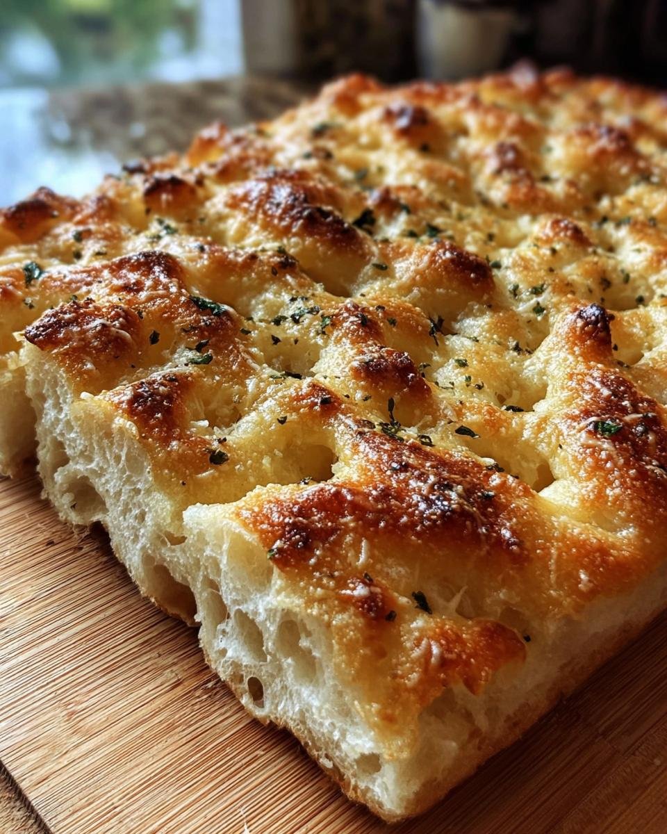 Close-up of a golden-brown Garlic Parmesan Focaccia loaf on a wooden board, showing the texture and toppings.
