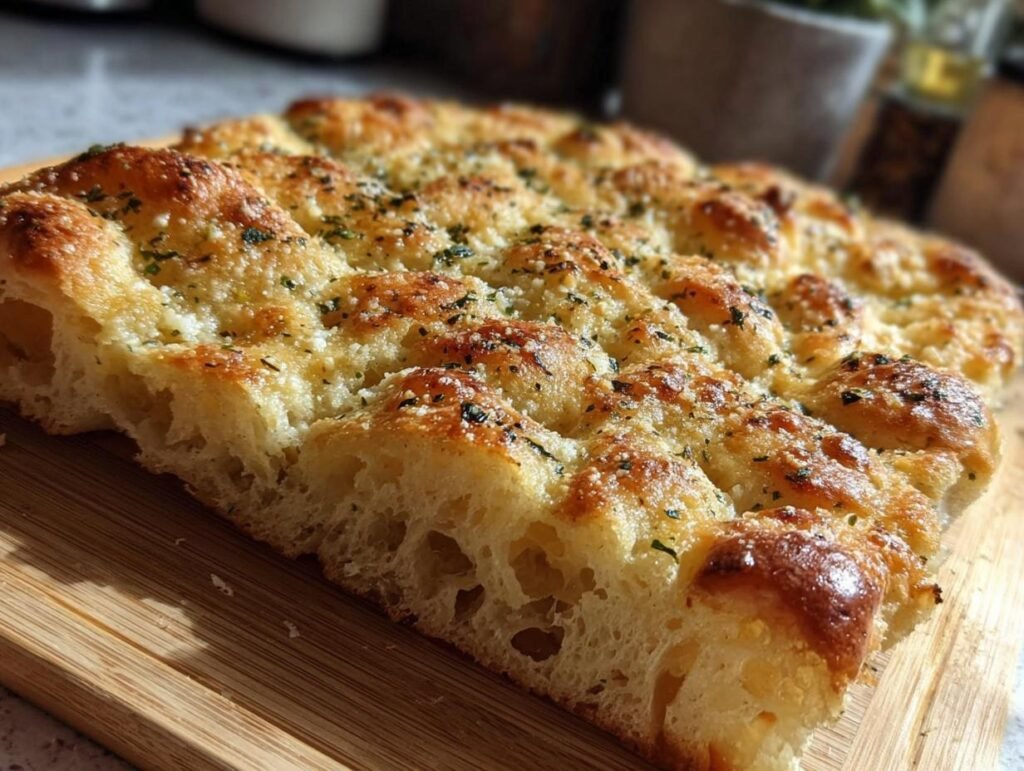 Close-up of a delicious Garlic Parmesan Focaccia loaf, showcasing the golden crust and airy interior.