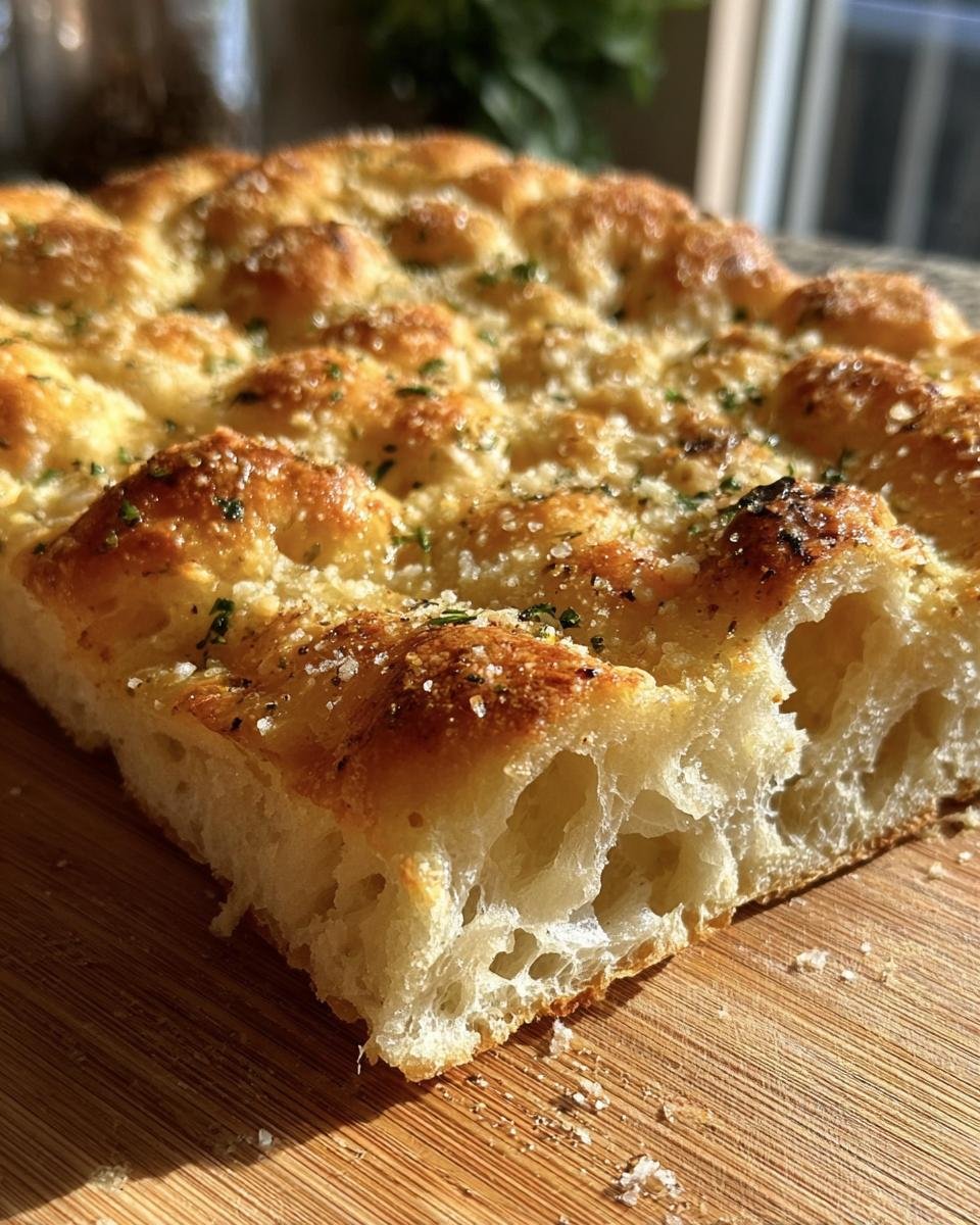 Detailed shot of a slice of Garlic Parmesan Focaccia, showcasing the texture and toppings.