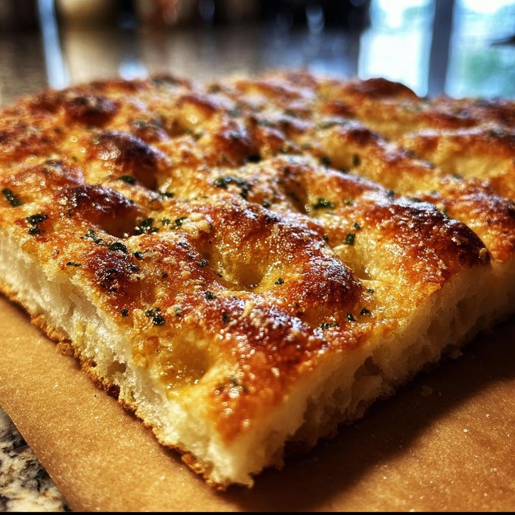 Detailed view of a slice of Garlic Parmesan Focaccia, showcasing the crust and toppings.