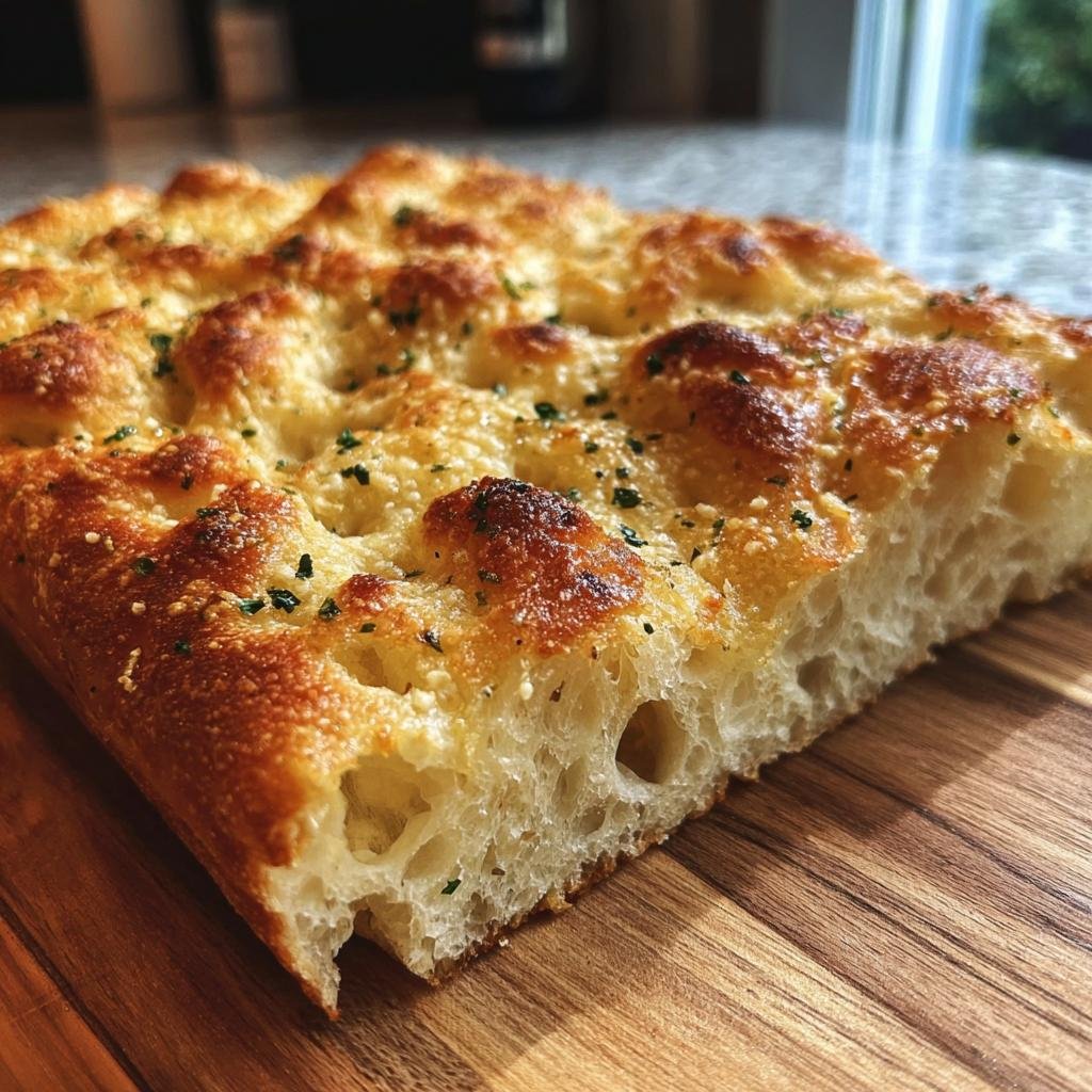 Close-up of a slice of golden Garlic Parmesan Focaccia bread, showcasing the texture and toppings.