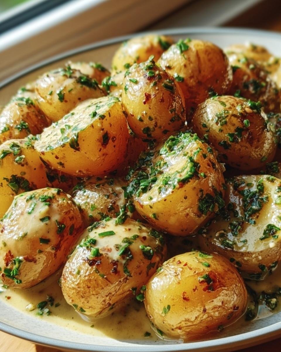 Close-up of Garlic Sauce Baby potatoes, garnished with fresh herbs, served on a plate.