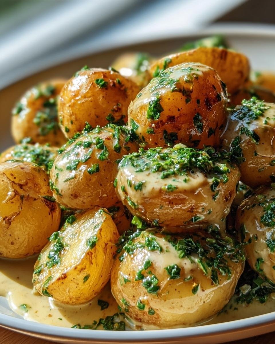 Close-up of Garlic Sauce Baby potatoes, garnished with fresh parsley on a white plate.