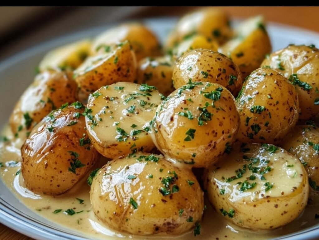 Close-up of Garlic Sauce Baby potatoes on a plate, garnished with fresh herbs.