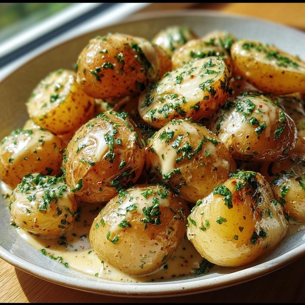 Close-up of Garlic Sauce Baby potatoes, garnished with fresh herbs, served in a bowl.