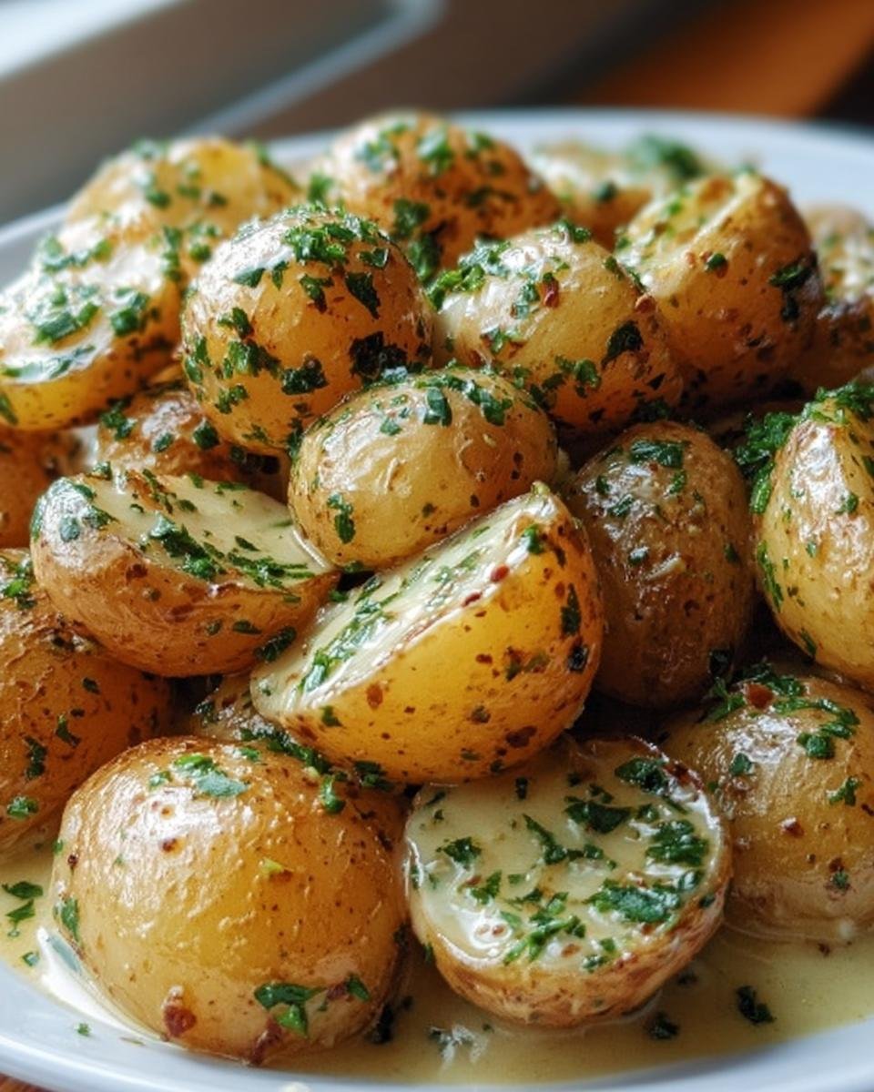 Close-up of Garlic Sauce Baby potatoes, glistening with sauce and topped with fresh herbs.