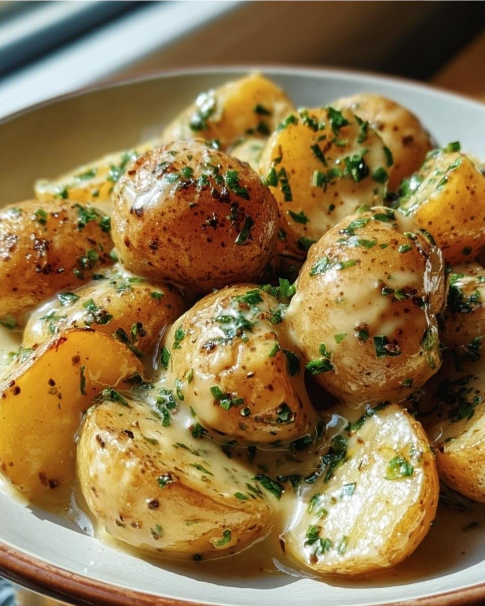 Close-up of Garlic Sauce Baby potatoes, garnished with fresh herbs, in a bowl.