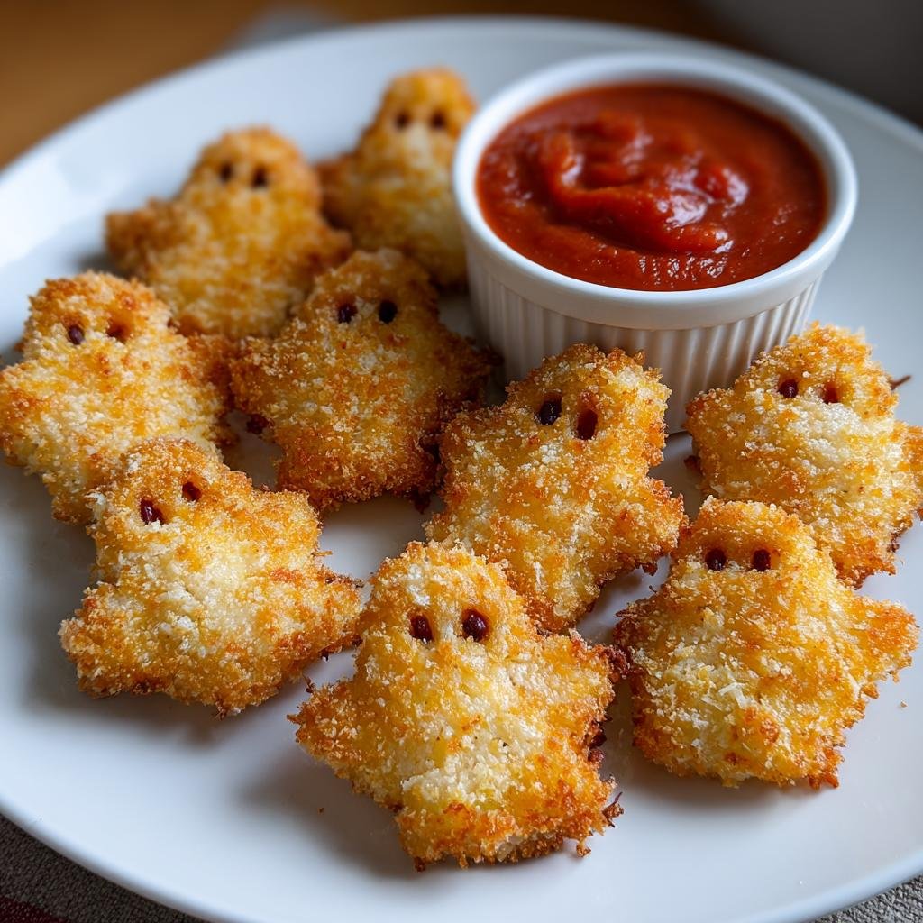 Plate of crispy Ghost Mozzarella Bites with Marinara dipping sauce for a fun Halloween appetizer.