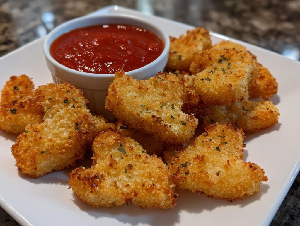 A plate of golden-brown Ghost Mozzarella Bites with Marinara dipping sauce, perfect for a spooky snack.