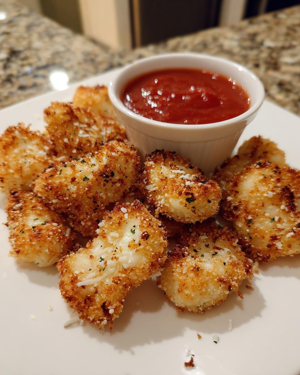 A plate of golden-brown Ghost Mozzarella Bites served with a side of marinara sauce for dipping.