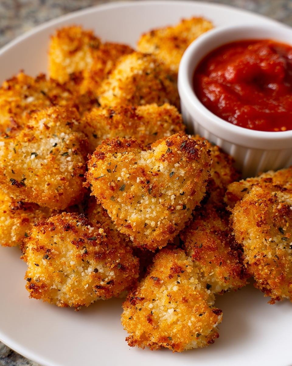 A plate of golden, heart-shaped Ghost Mozzarella Bites with Marinara dipping sauce.