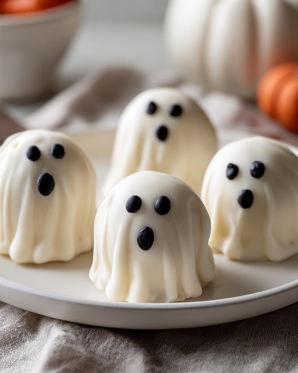 Four homemade ghost oreo balls on a white plate, decorated with black eyes and mouth.