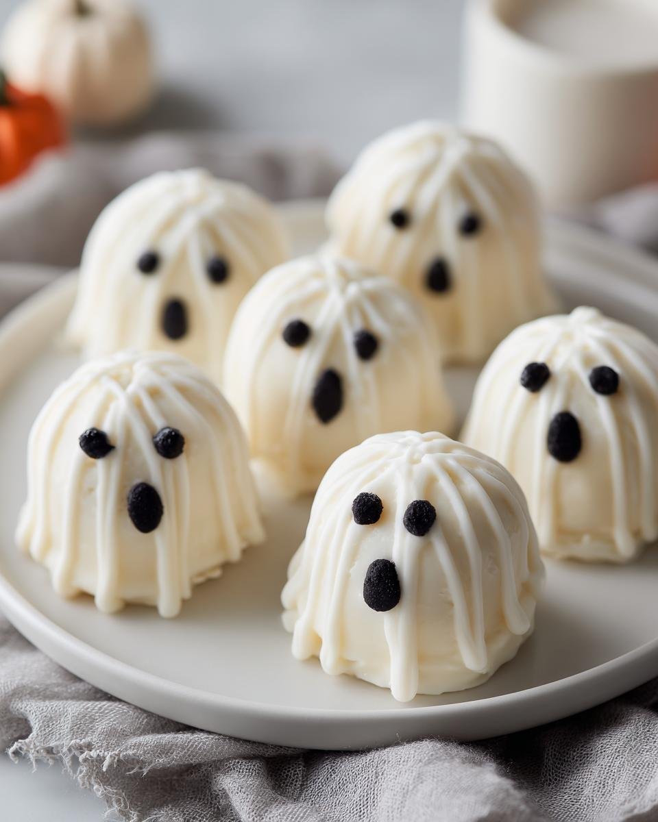A plate of homemade ghost oreo balls, decorated with white chocolate and black candy eyes and mouth.