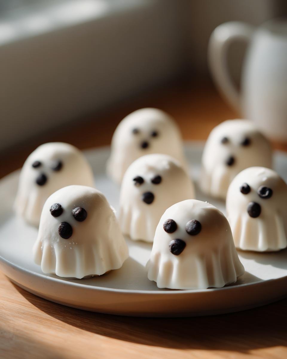 A plate of adorable ghost oreo balls, decorated with white chocolate and mini chocolate chips for eyes and mouth.