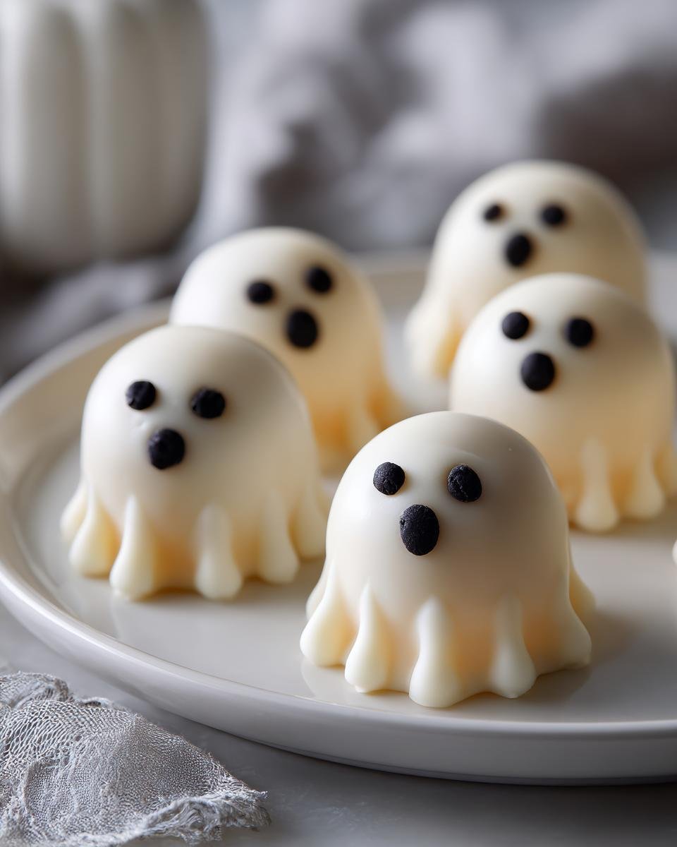 Several ghost oreo balls with candy eyes and mouths on a white plate, ready for a Halloween treat.