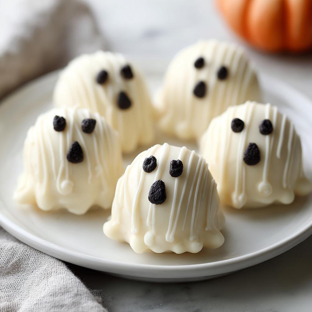 Five ghost oreo balls decorated with white chocolate and black icing on a white plate. Halloween treat.