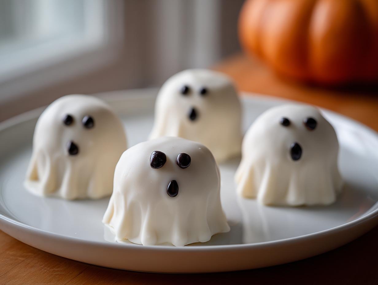 Four ghost oreo balls decorated with candy eyes and mouths, sitting on a white plate.