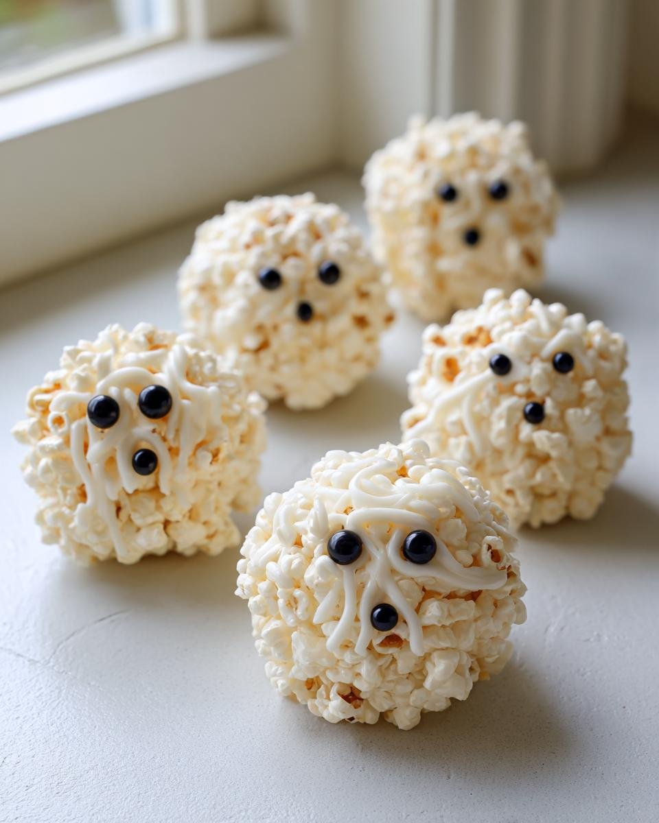 Close-up of several Ghost Popcorn Balls with candy eyes and white frosting on a white surface.