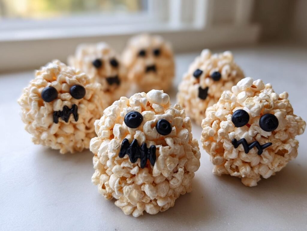 Homemade Ghost Popcorn Balls with candy eyes and spooky mouth decorations for a Halloween treat.