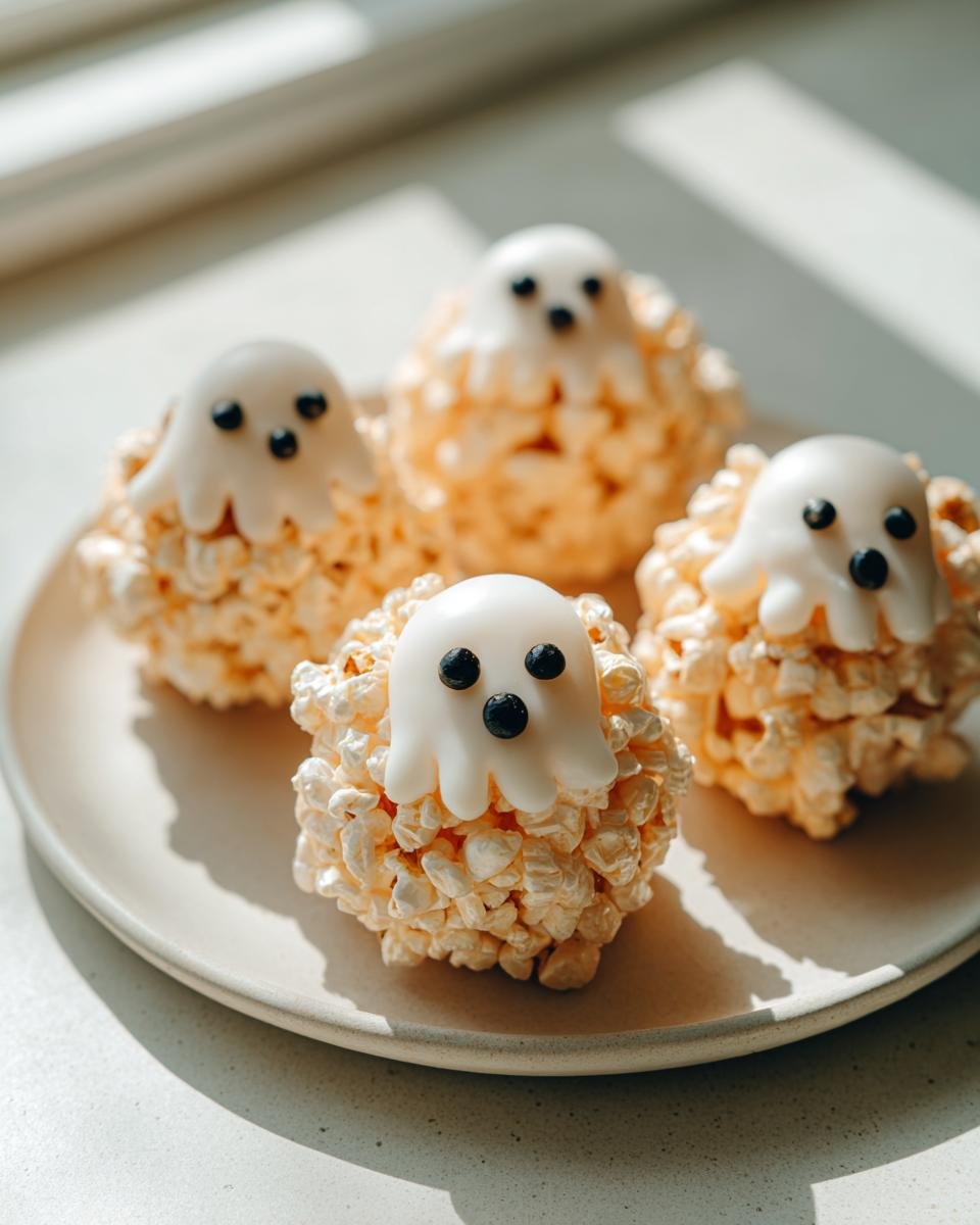 Four Ghost Popcorn Balls decorated with candy ghosts on a plate, ready for a Halloween treat.