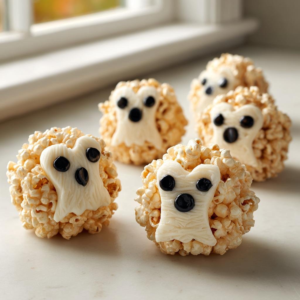 Close-up of several Ghost Popcorn Balls decorated with white chocolate ghosts and black candy eyes.